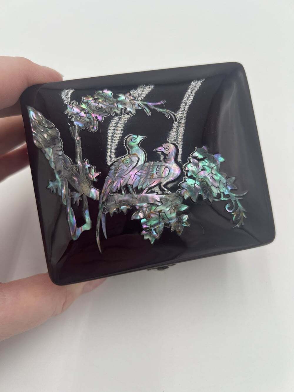 Vintage Asian Lacquer Jewelry Box Mother of Pearl Birds Turtle Clasp Mirror